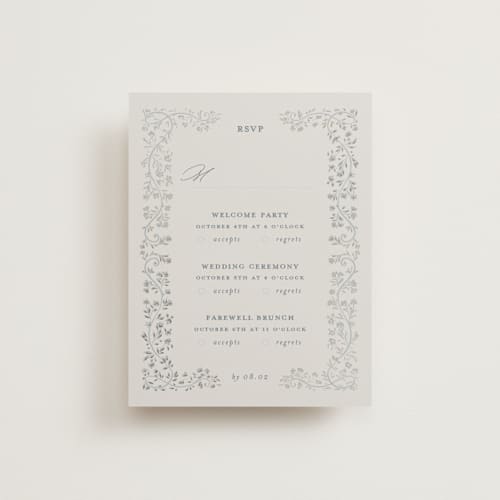 This is a something blue rsvp cards with foil pressed by Gwen Bedat called floral romance printing on signature in standard
