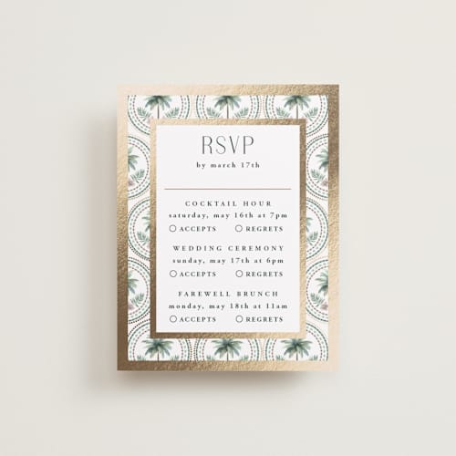 This is a sand rsvp cards with foil pressed by Maria Alou called vintage palms printing on signature in standard
