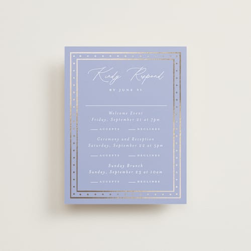 This is a periwinkle rsvp cards with foil pressed by Erin German called sadie printing on signature in standard