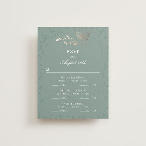 This is a eucalyptus rsvp cards with foil pressed by Simona Camp called southern romance printing on signature in standard