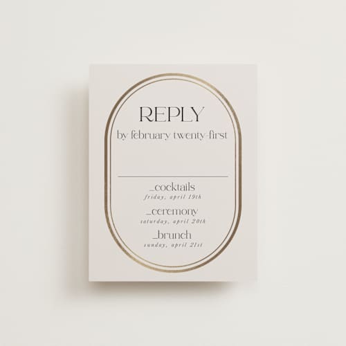 This is a sandstone rsvp cards with foil pressed by Lori Wemple called oval printing on signature in standard