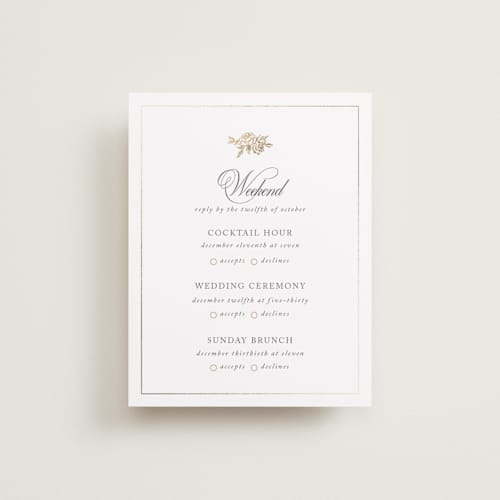 This is a classic bride rsvp cards with foil pressed by Design Lotus called here with you printing on signature in standard