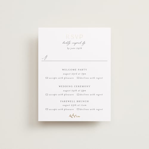 This is a alabaster rsvp cards with foil pressed by Susan Moyal called delicate vine printing on signature in standard