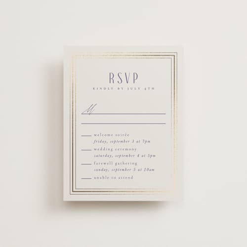 This is a dynasty blue rsvp cards with foil pressed by Ana de Sousa called tiled romance printing on signature in standard
