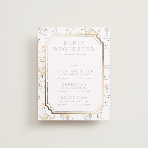 This is a golden summer rsvp cards with foil pressed by Erin L. Wilson called victorian trellis printing on signature in standard