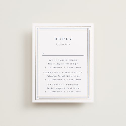 This is a dusty blue rsvp cards with foil pressed by Janean Hinger called aurelia printing on signature in standard