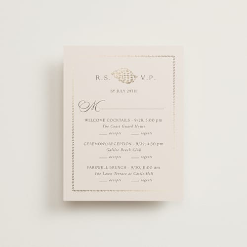 This is a champagne rsvp cards with foil pressed by Griffinbell Paper Co. called seaside printing on signature in standard