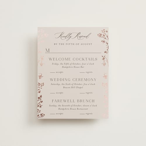 This is a almond rsvp cards with foil pressed by frau brandt called shining florals printing on signature in standard