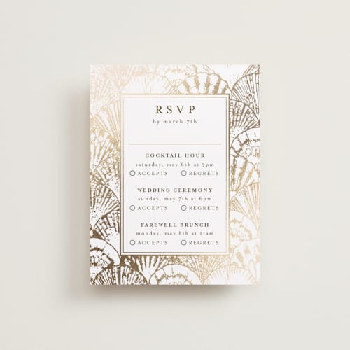 This is a pearl rsvp cards with foil pressed by Maria Alou called by the seashore printing on signature in standard