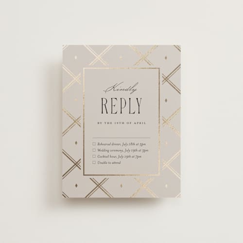 This is a champagne rsvp cards with foil pressed by Kristin Oliversen called luxe lines printing on signature in standard