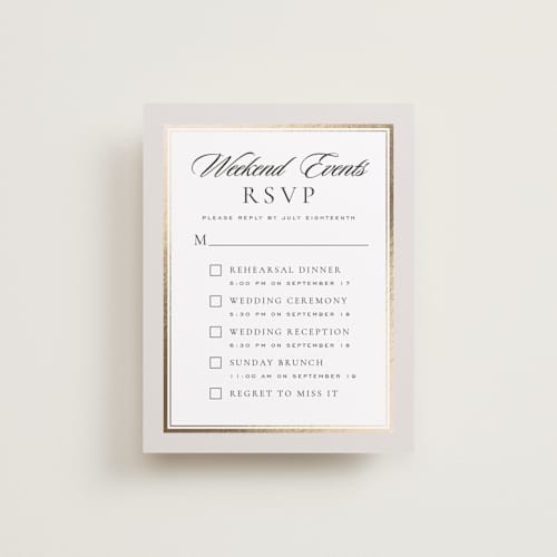 This is a snow rsvp cards with foil pressed by Stacy Maalouf called gilded forest printing on signature in standard