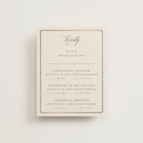 This is a champagne rsvp cards with foil pressed by Deynaaz Daraei called ahlum printing on signature in standard