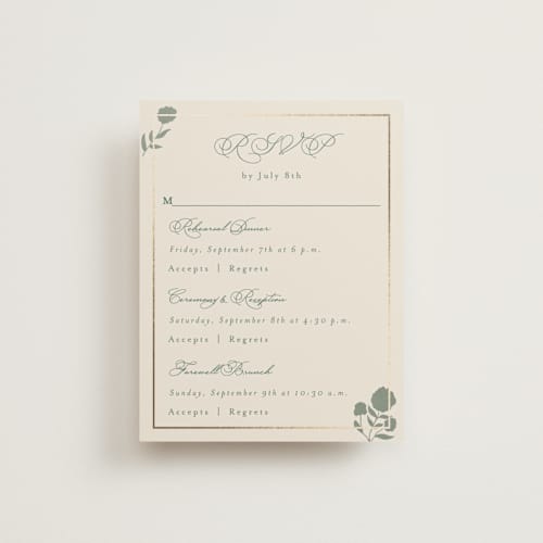 This is a rosemary rsvp cards with foil pressed by Emily Betts called vintage oval printing on signature in standard
