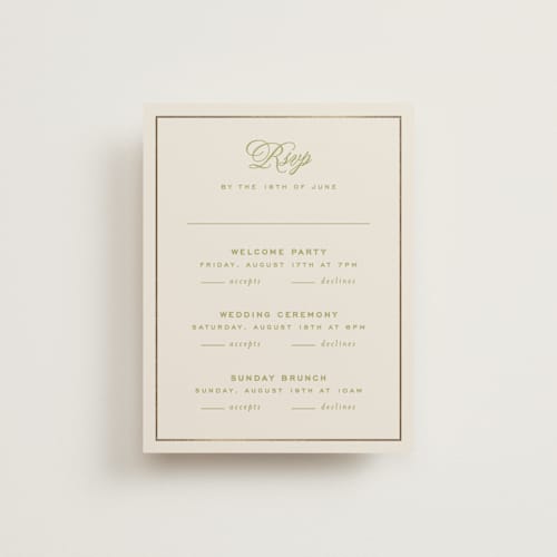 This is a olive rsvp cards with foil pressed by Ellen Schlegelmilch called rory printing on signature in standard