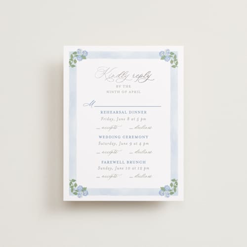 This is a ocean rsvp cards with foil pressed by Creo Study called pillowy border printing on signature in standard