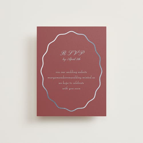 This is a burgundy rsvp cards with foil pressed by Baumbirdy called scallop frame printing on signature in standard