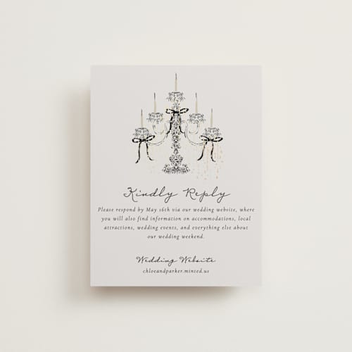 This is a noir rsvp cards with foil pressed by Jackie Crawford called hand illustrated whimsical chandelier printing on signature in standard