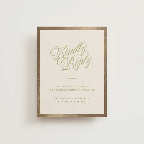 This is a olive rsvp cards with foil pressed by Ellen Schlegelmilch called rory printing on signature in standard
