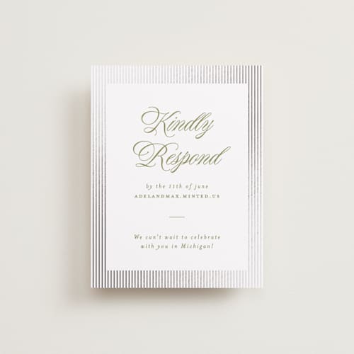 This is a olive rsvp cards with foil pressed by Ellen Schlegelmilch called museo printing on signature in standard