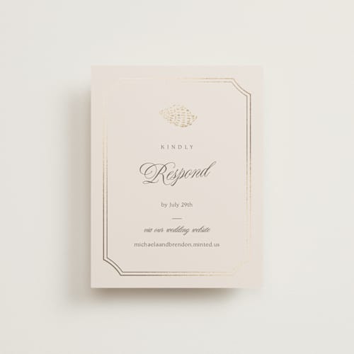 This is a champagne rsvp cards with foil pressed by Griffinbell Paper Co. called seaside printing on signature in standard