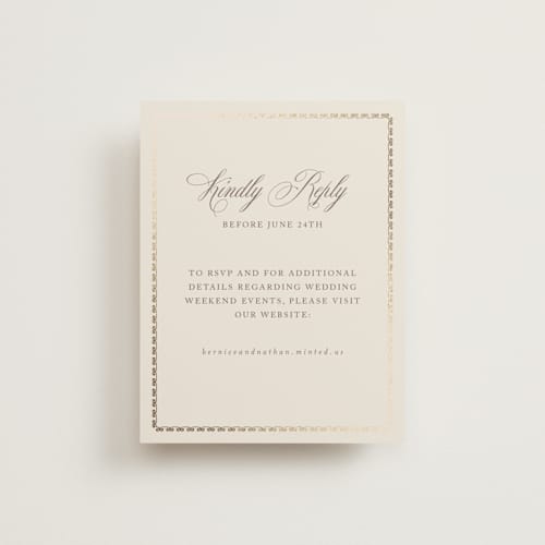 This is a champagne rsvp cards with foil pressed by Deynaaz Daraei called ahlum printing on signature in standard