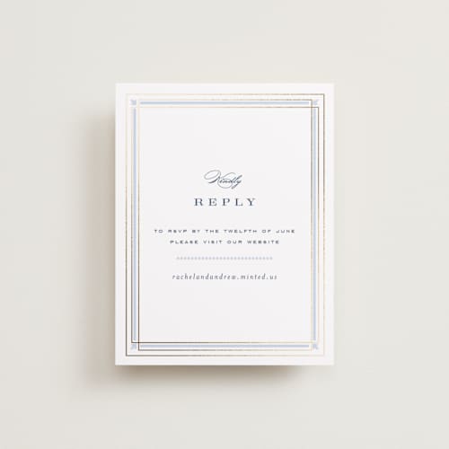 This is a dusty blue rsvp cards with foil pressed by Janean Hinger called aurelia printing on signature in standard