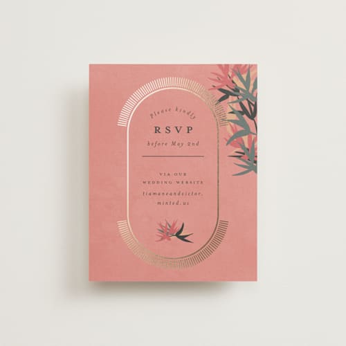 This is a coral rsvp cards with foil pressed by Julie Hebert called birds of paradise printing on signature in standard