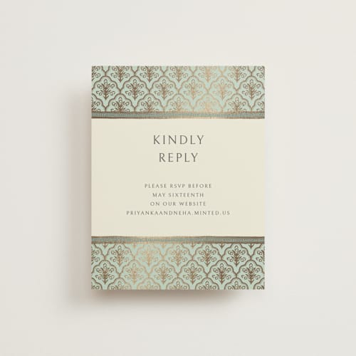 This is a aqua rsvp cards with foil pressed by Pati Cascino called aatreya printing on signature in standard