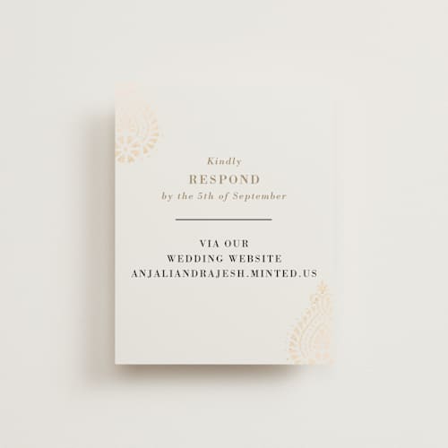 This is a champagne rsvp cards with foil pressed by Oma N. Ramkhelawan called henna stamp printing on signature in standard