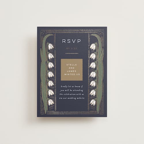 This is a navy rsvp cards with foil pressed by Shiny Penny Studio called deco spring florals printing on signature in standard