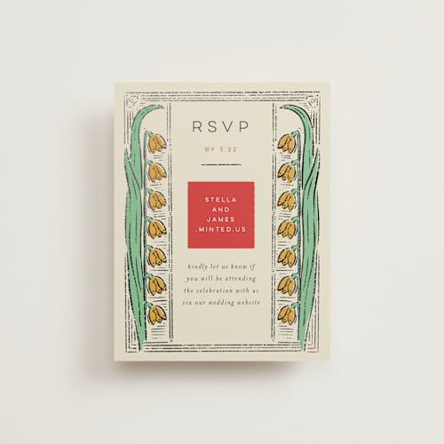 This is a birch rsvp cards with foil pressed by Shiny Penny Studio called deco spring florals printing on signature in standard
