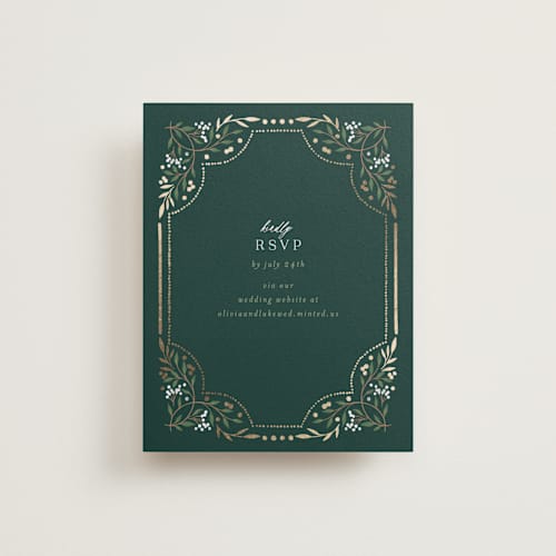 This is a evergreen rsvp cards with foil pressed by Alethea and Ruth called illuminated storybook printing on signature in standard