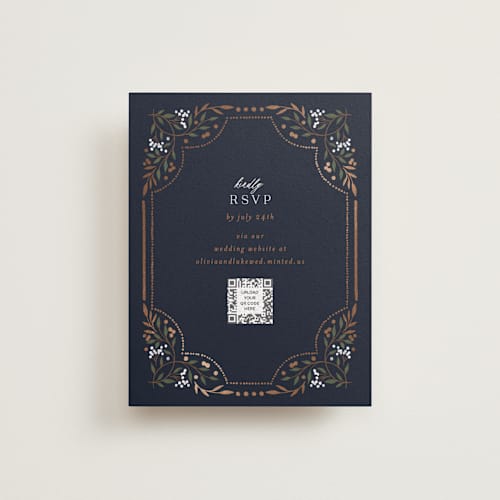 This is a navy rsvp cards with foil pressed by Alethea and Ruth called illuminated storybook printing on signature in standard