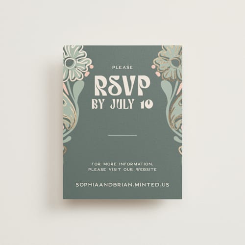 This is a sage rsvp cards with foil pressed by GeekInk Design called nouveau frame printing on signature in standard