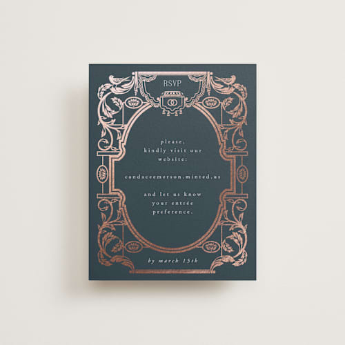This is a navy rsvp cards with foil pressed by Ana de Sousa called mirror printing on signature in standard