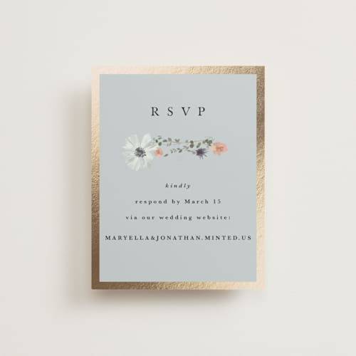 This is a mist rsvp cards with foil pressed by Hannah Williams called blue garden printing on signature in standard