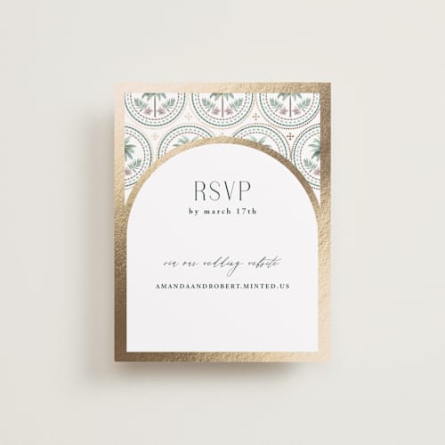This is a sand rsvp cards with foil pressed by Maria Alou called vintage palms printing on signature in standard