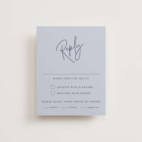 This is a navy rsvp postcards with standard by JoAnn Jinks called marked printing on signature in postcard