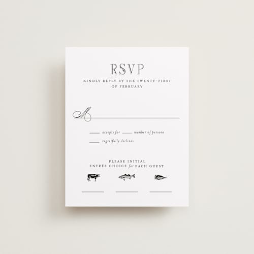 This is a tuxedo rsvp postcards with standard by Megan Davis called hepburn printing on signature in postcard