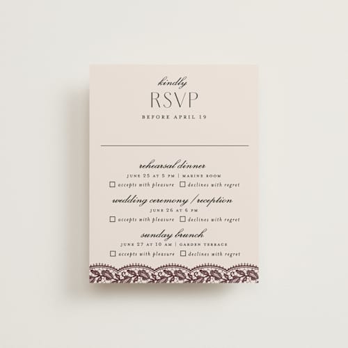 This is a burgundy rsvp cards with standard by Erica Krystek called chantilly printing on signature in standard
