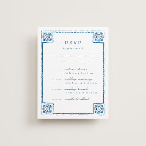 This is a navy rsvp cards with standard by Anastasia Makarova called watercolor tile printing on signature in standard