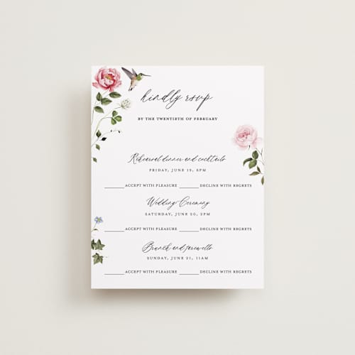 This is a peony rsvp cards with standard by Sarah Knight called ornate printing on signature in standard