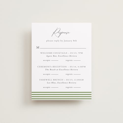 This is a leaf rsvp cards with standard by Olivia Raufman called palm monogram printing on signature in standard