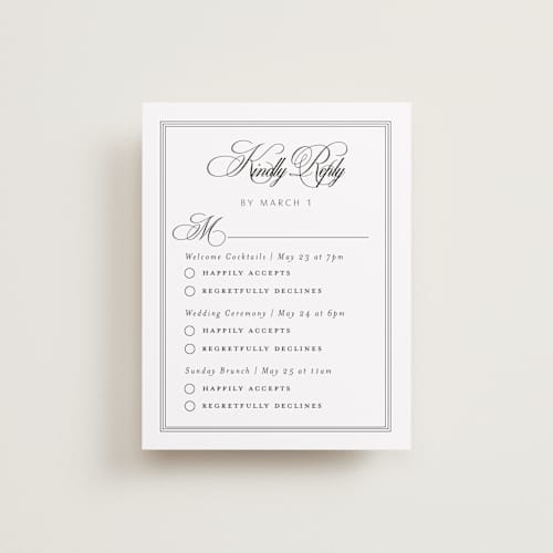 This is a tuxedo rsvp cards with standard by Nicoletta Savod called black tie elegance printing on signature in standard
