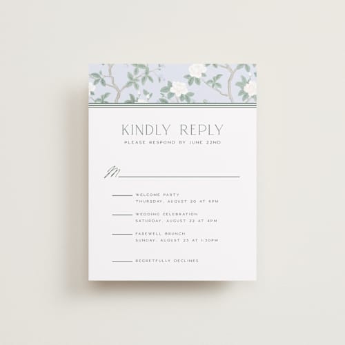 This is a garden rsvp cards with standard by Jenna Holcomb called chinoiserie printing on signature in standard