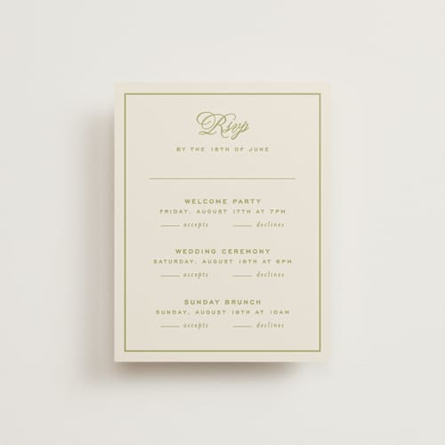 This is a olive rsvp cards with standard by Ellen Schlegelmilch called rory printing on signature in standard