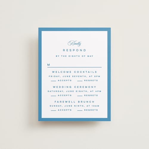 This is a cerulean rsvp cards with standard by Kristie Kern called the emma printing on signature in standard