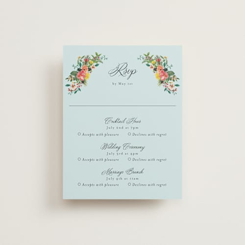 This is a papaya rsvp cards with standard by Susan Moyal called tropical crest printing on signature in standard