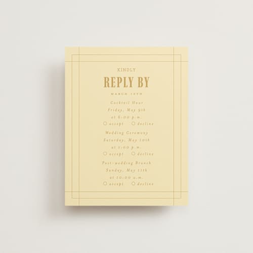 This is a butter rsvp cards with standard by Nazia Hyder called vintage label printing on signature in standard