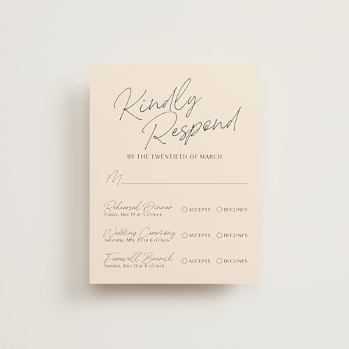 This is a champagne rsvp cards with standard by Wallace Design Co. called french whimsy script printing on signature in standard
